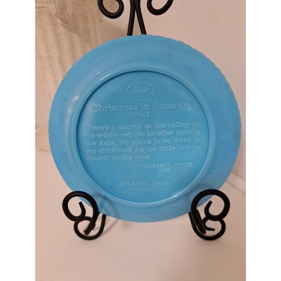 Vintage 1970 Blue Fenton Little Brown Church In The Vale Christmas Plate 8" - Picture 4 of 4